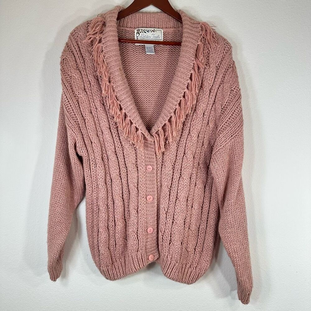 Vintage Golden Touch Pink Cable Knit Tassel Trim Cardigan Sweater Womens‎ 22W